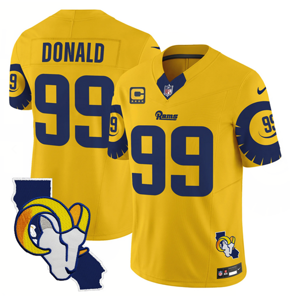 Men's Los Angeles Rams #99 Aaron Donald Gold 2025 4-Star C Patch F.U.S.E. V2 Limited Stitched Football Jersey